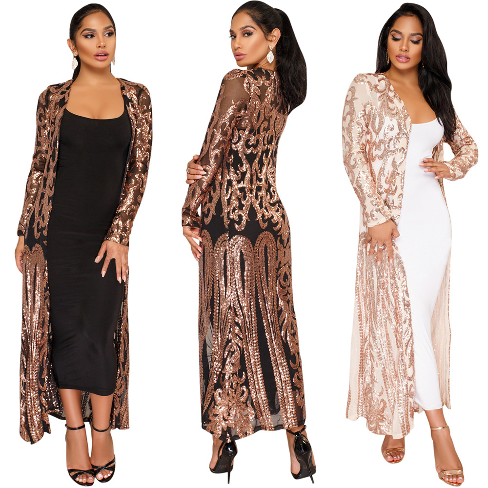 

Sexy Clubwears Women Attractive Sequined Cardigan Coat for Party Club Night Cocktail Prom Sparkle Duster Open Front Outwear Paisley Pattern Long Sleeves Clothes, Champagne