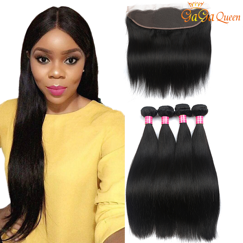 

Brazilian Straight Human Hair Bundles with Ear to Ear Lace Frontal With Bundles Unprocessed Brazilian Straight Hair With Frontal Closure, Natural color