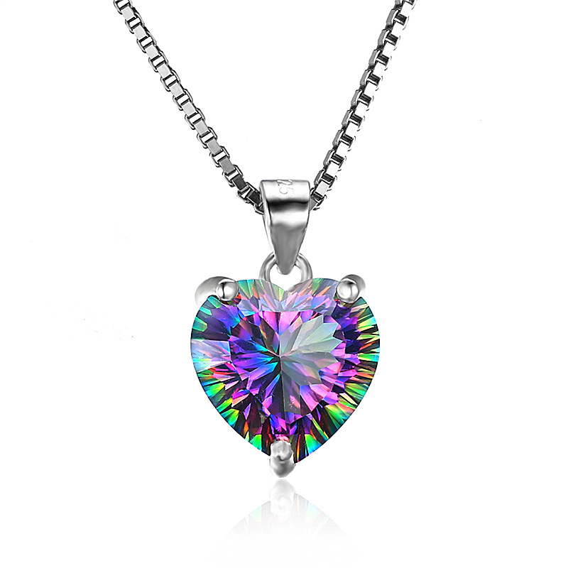 Pendentif de luxe en argent Sterling 925 en forme de cœur, zircone cubique arc-en-ciel, pierres précieuses CZ, chaînes de boîte à breloques pour