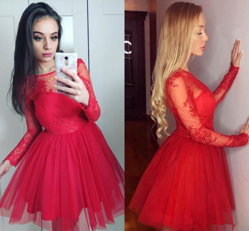 

Red Long Sleeves Scoop Neck Homecoming Dresses 2018 Lace Appliques Tulle A Line Short Cocktail Party Dress Graduation Gown, Green