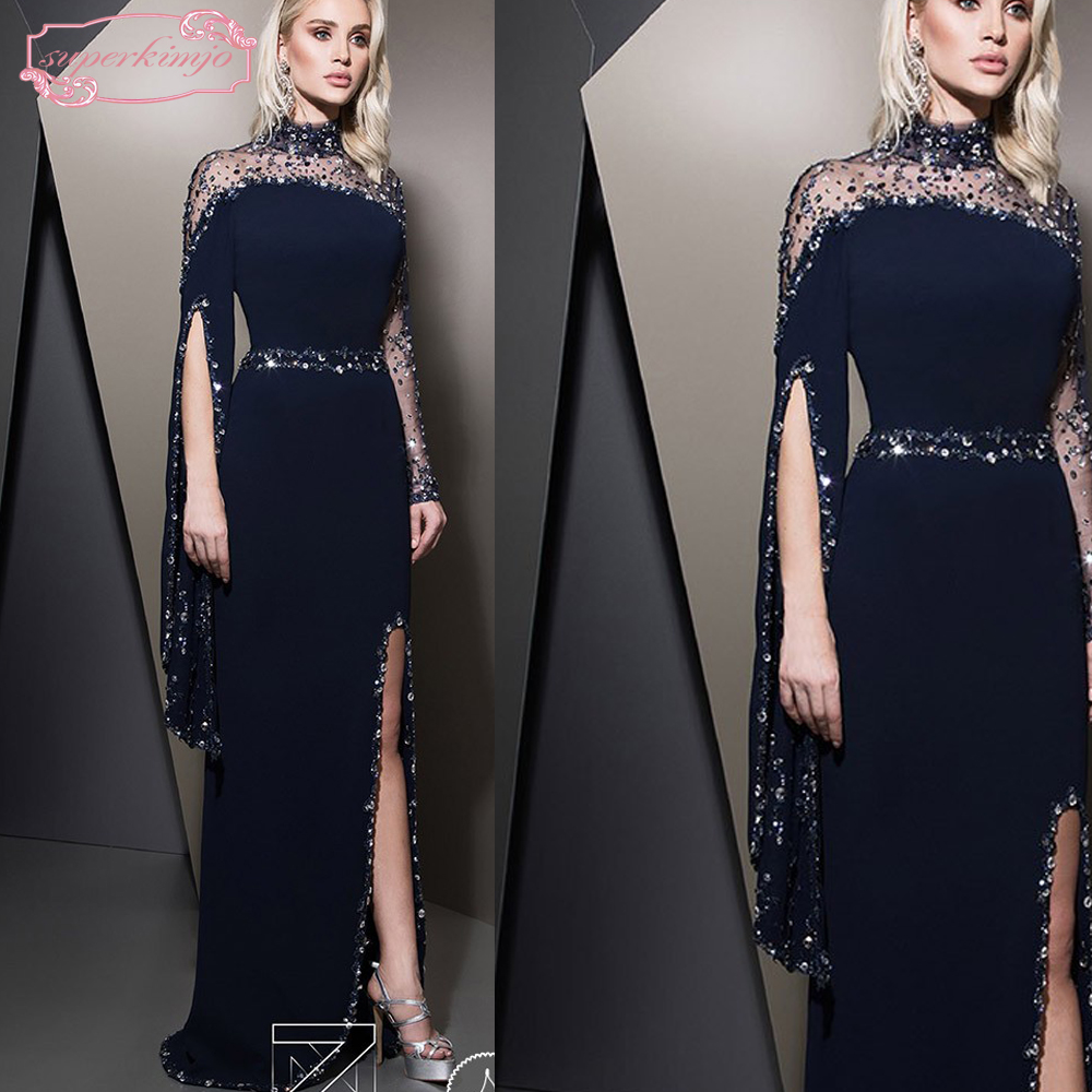 

Ziad Nakad Navy Blue Evening Dresses High Neck Beading Sequins Long Sleeve Sheath Side Slit Floor Length Long Evening Gowns, Orange