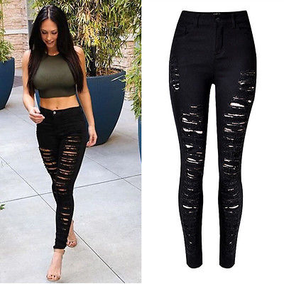 

Women Denim Skinny Ripped Pants High Waist Stretch Jeans Slim Pencil Trousers Pants Leggings Black