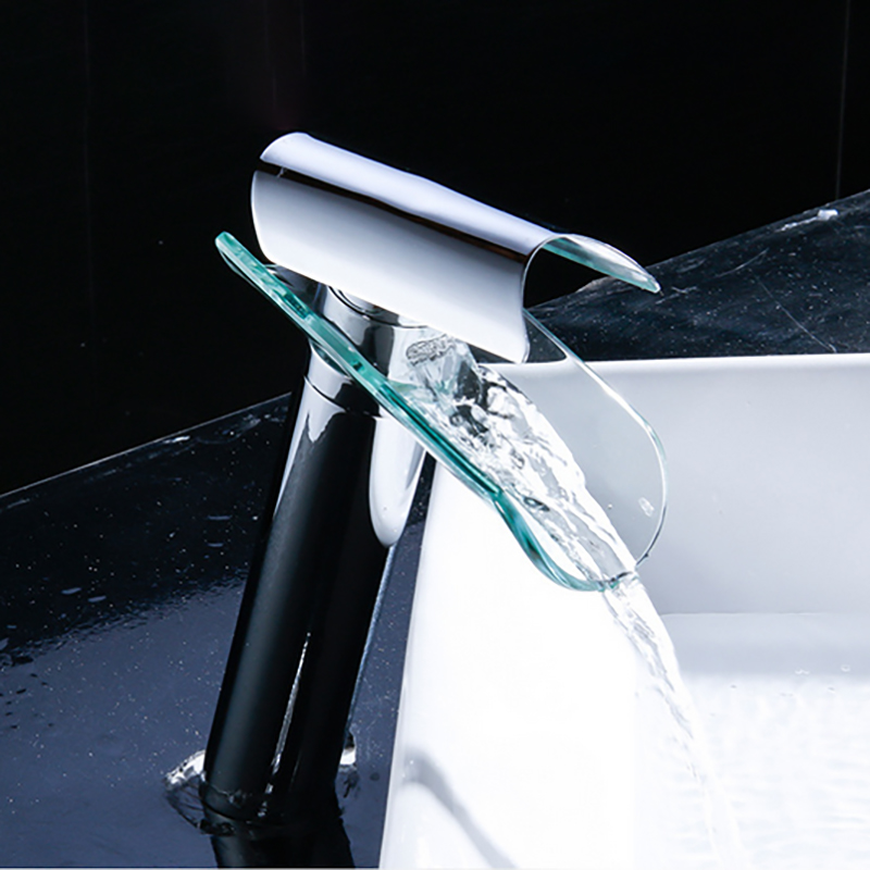 

Contemporary Waterfall Glass Spout Basin Sink Faucet Mixer Tap Chrome Polished commercial Tall Bathroom Vessel sink Faucet undercounter type