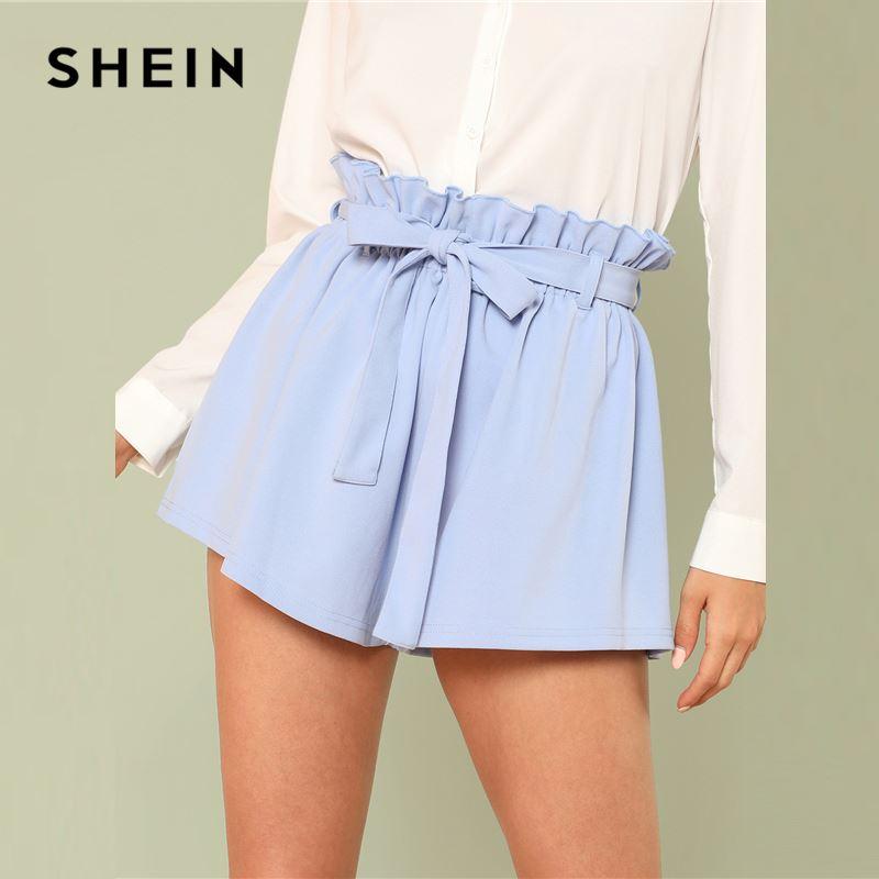 SHEIN Blue Vacation Boho Bohemian Beach Ruffle Trim Self Tie Elastic High Waist Belted Shorts Summer Women Casual Shorts