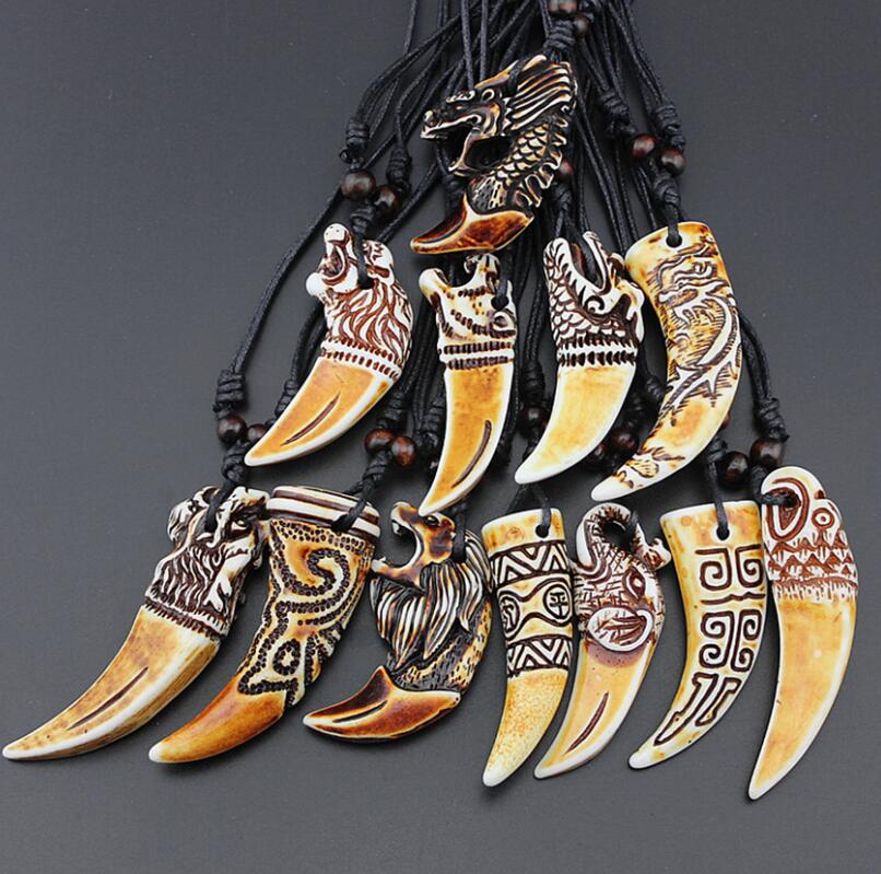 

Mixed style Imitating wolf s teeth Pendant Necklace Bionic bone carved wooden bead necklace Bovine Totems
