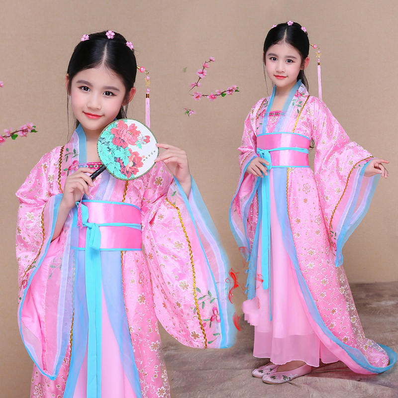 

girls child costume folk dance children ancient chinese costume chinese traditional opera kids dynasty ming tang han hanfu dress, Blue