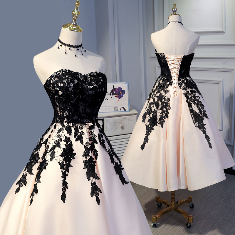 

Romantic Satin Prom Dresses with Black Floral Applique Zipper or lace-up Back Tea Length Prom Dress Party Dress Plus SIZE CUSTOM Made, Same as image