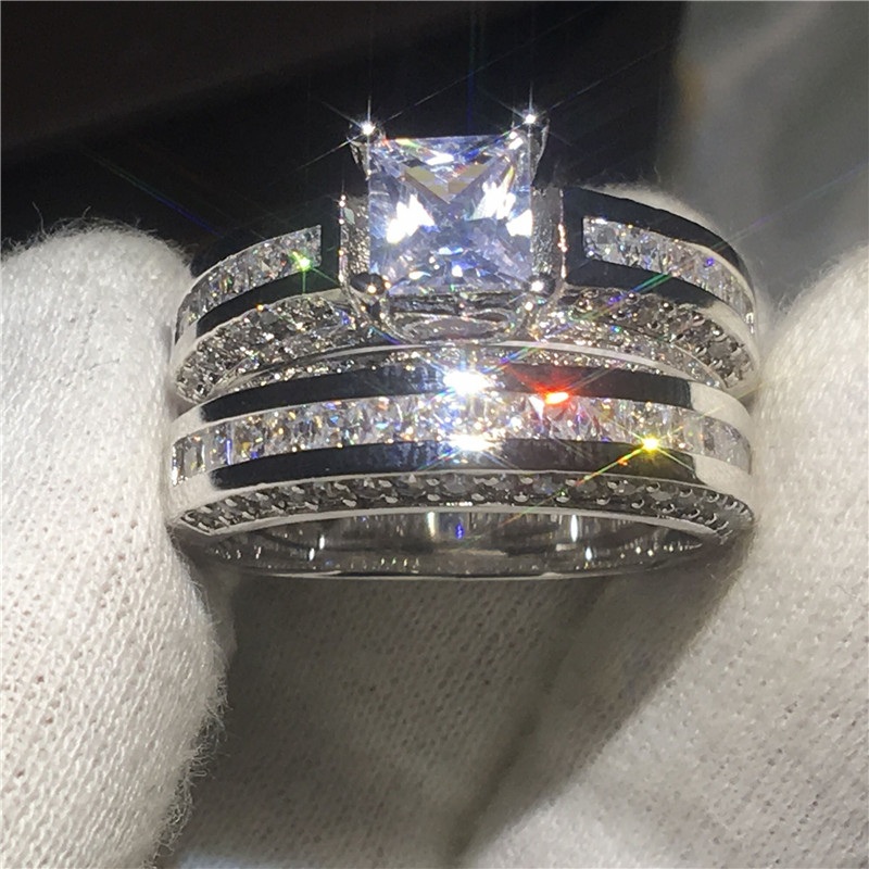 

Classical Women White Gold Filled Diamond Ring Set For Lady Bridal Wedding Engagement Party Finger Rings Jewelry Gift Size 5-10, Slivery;golden