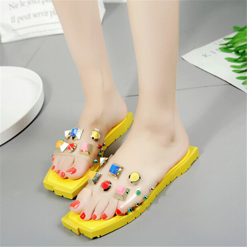 

lovely sandals 2018 new transparent flat sandals &slippers female summer non-slip flat with flip-flops stylish wear color rivet slippers, Yellow