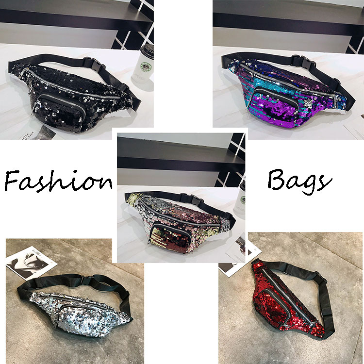 Dark blue Women Outdoor Travel Mermaid Sequin Samll Crossbody Bum Bag Waist Pack Magic Sequin-Waist-Bag Fanny Pack