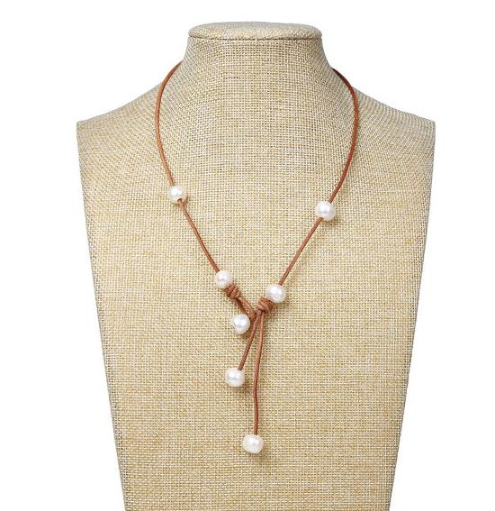

New Arriver Leather Pearl Necklace,White Color Natural Freshwater Pearls,Brown Leather Pearl Jewellery,Free Shipping