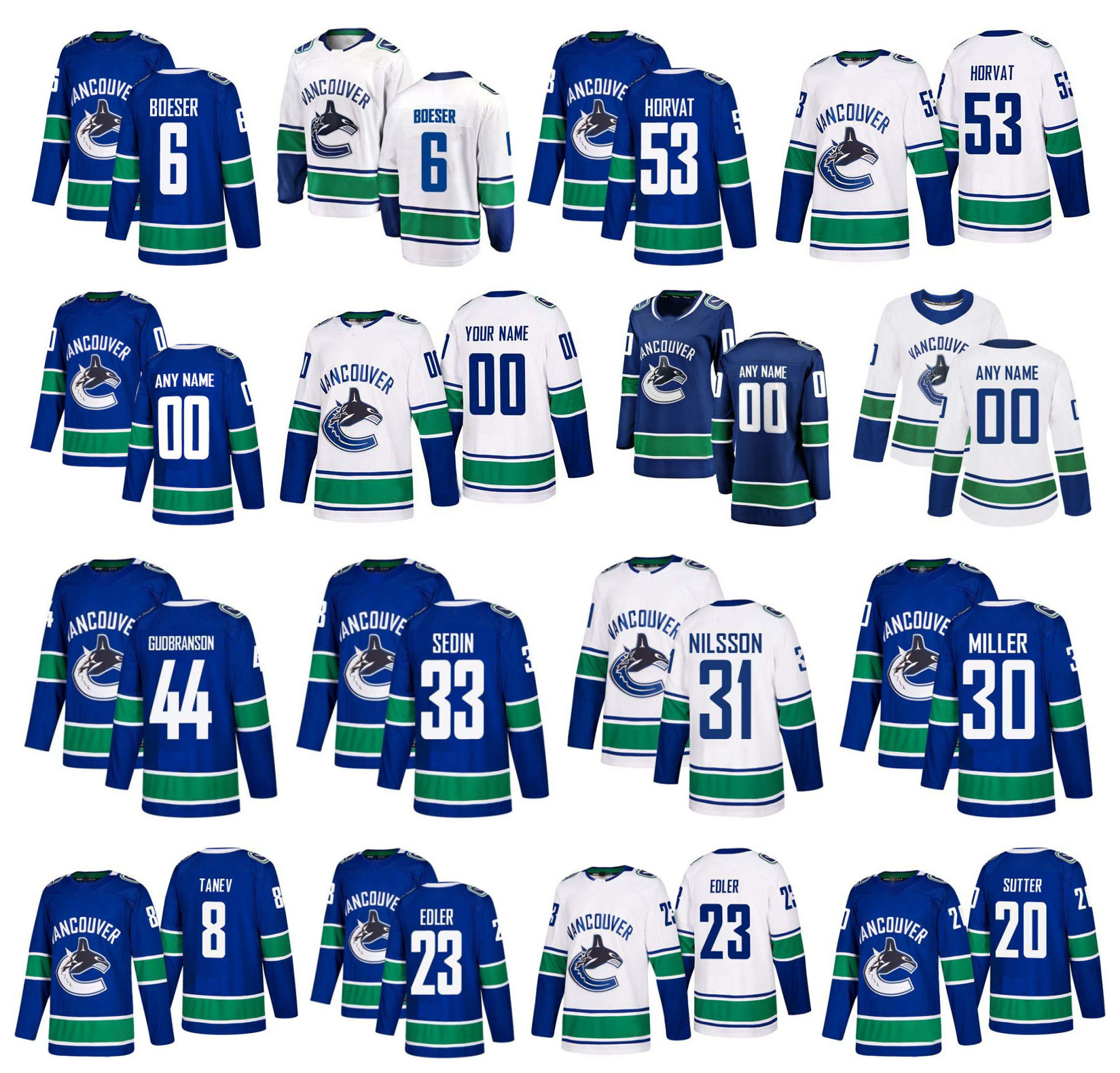

Customized Vancouver Canucks Jersey Brock Boeser Bo Horvat Henrik Sedin Ryan Miller Erik Gudbranson Nilsson Virtanen Sutter Stitched Hockey, Men's white