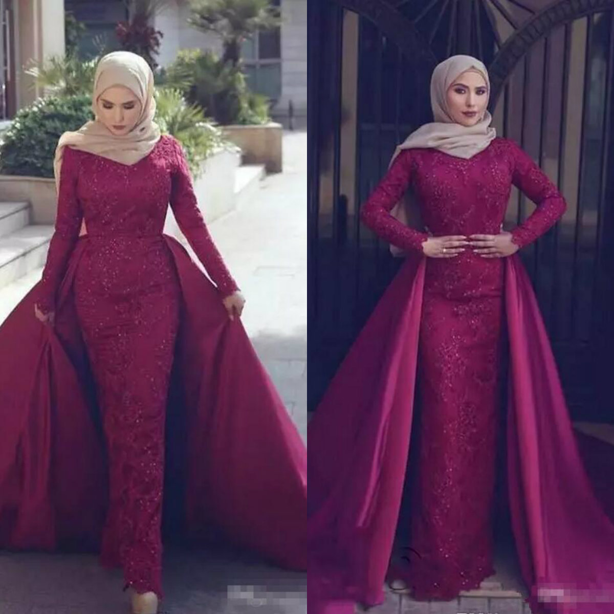 

Dark Red Arabic Two Pieces Prom Dress Long Sleeve Lace Applique Sequins Floor Length Evening Gowns With Detachable Satin Sweep Train