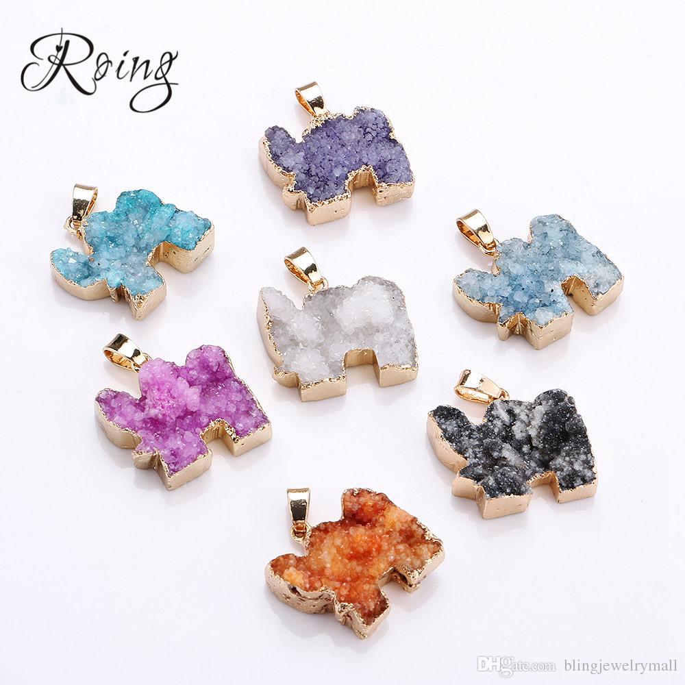 

Roing Elephant Natural Stone Crystal Necklace Charm Pendant Multicolor Blue Purple Necklaces Jewelry Accessory C017