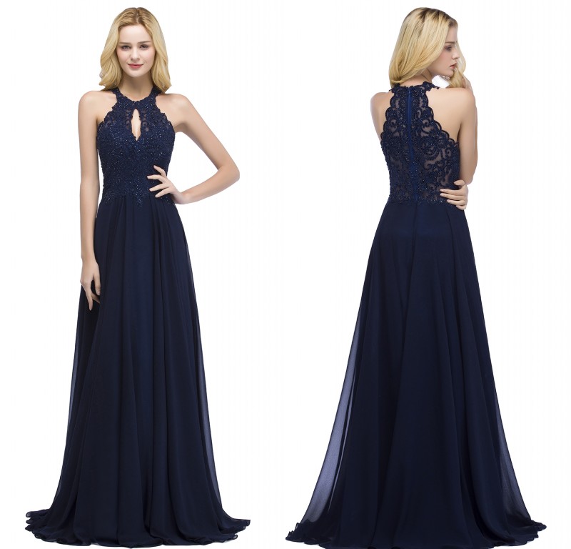 

2018 Designer Navy Blue Halter Long Prom Dresses Keyhole Neck Beaded Appliqued Lace Evening Dress Women Party Gowns CPS866, Same as image