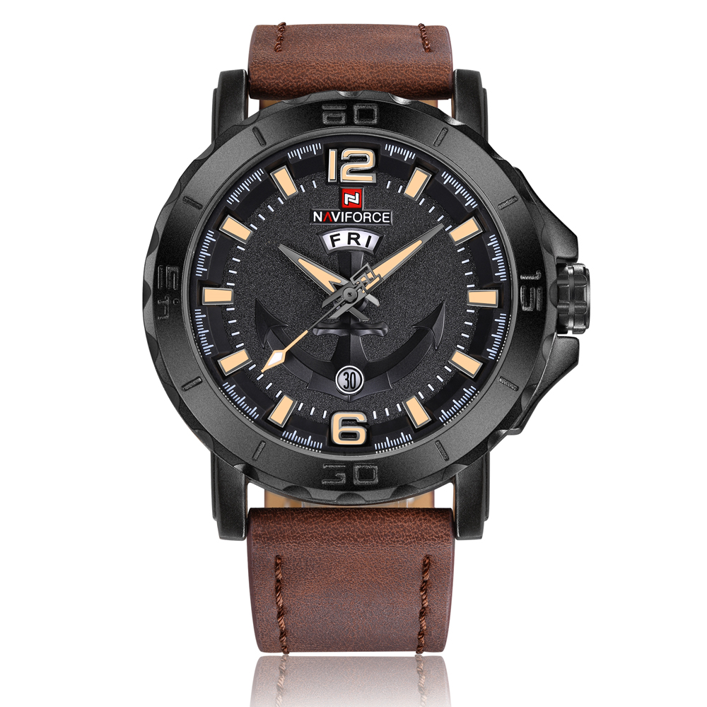 

NAVIFORCE Original Good quality Men's Analog Quartz Waterproof Sport Leather Band Date Week Wrist watch 9122, All black white