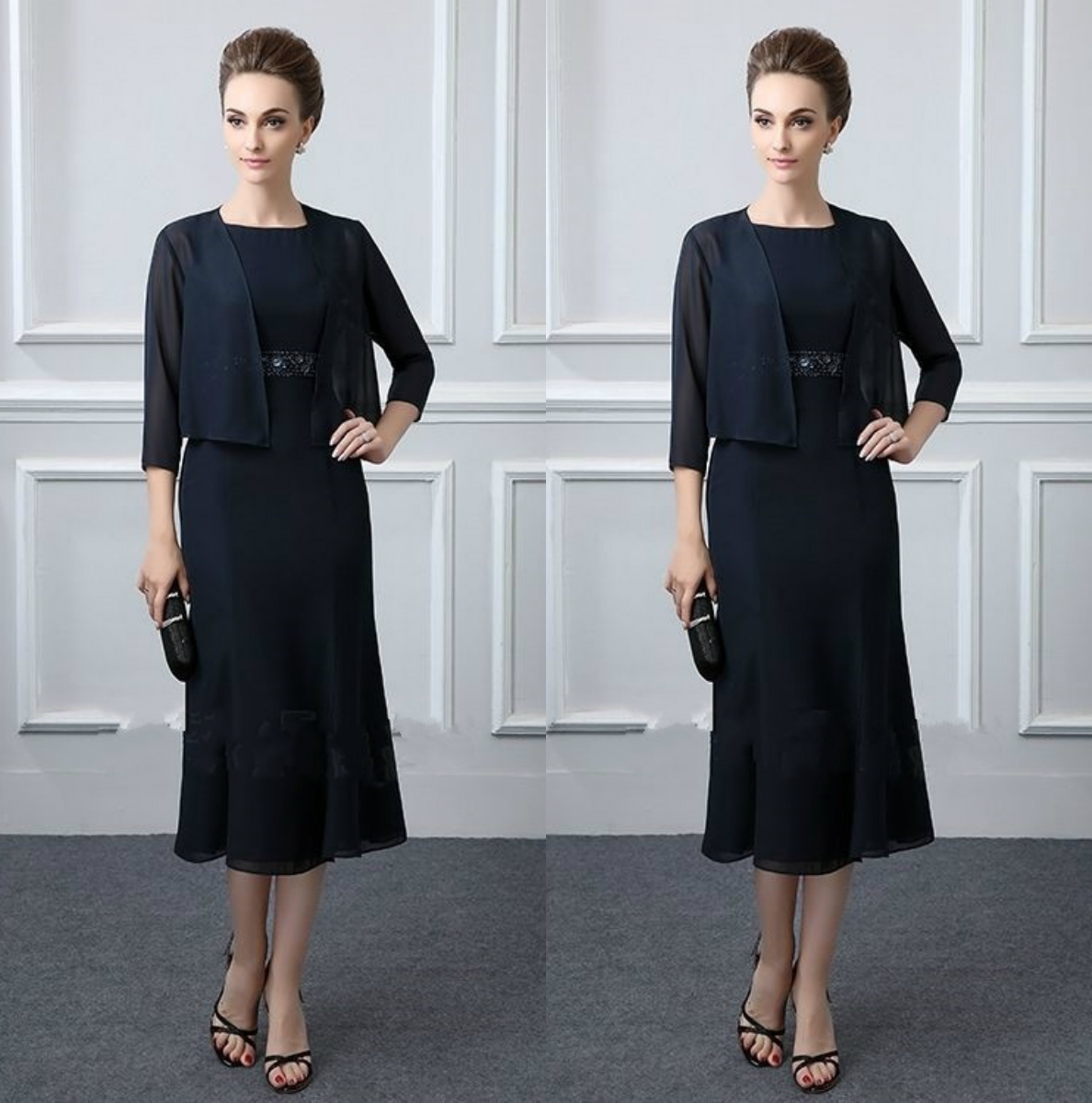 

Plus Size Modest Navy Two Pieces Mother Of The Bride Dresses Tea Length Beaded Chiffon Wedding Guest Dress With Jacket