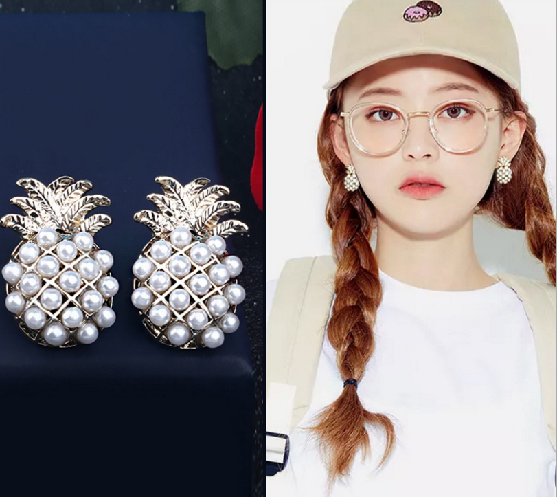 

New Women's Fashion Cute Girls Silver Gold 925 Pearl Pineapple Ear Stud Earrings Jewelry Gift(light Gold Color), Golden;silver