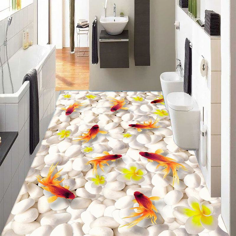 

Wholesale-Custom 3D Floor Mural Wallpaper Swimming Goldfish PVC Self-adhesive Waterproof Living Room Bathroom 3D Flooring Papel De Parede, As pic