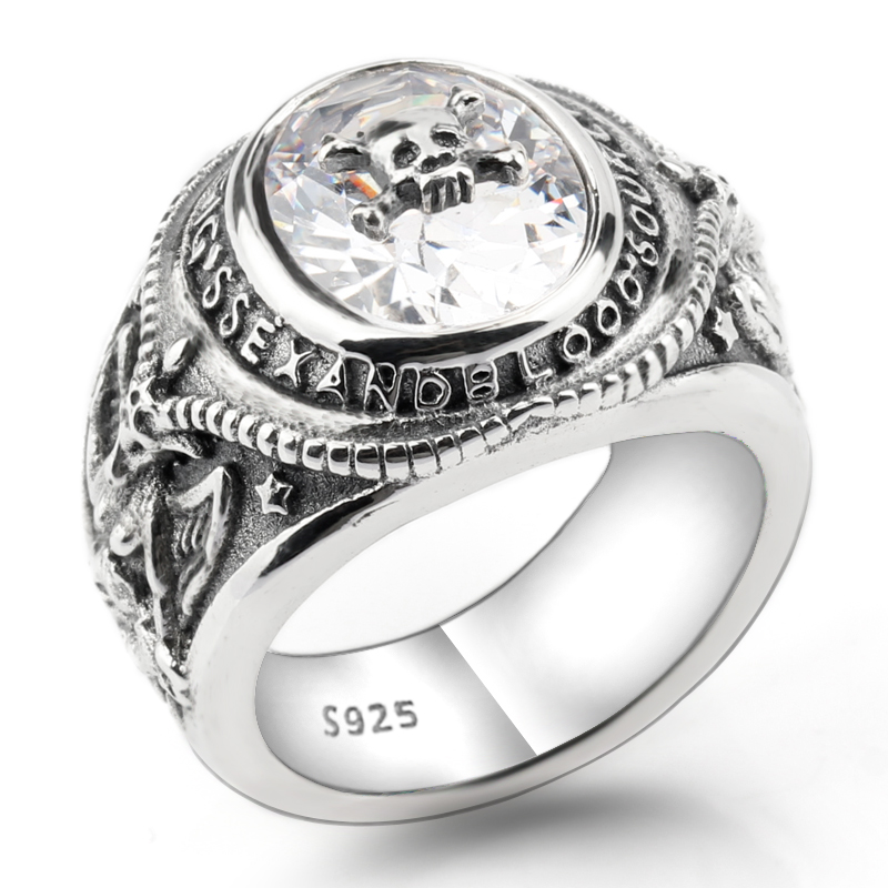 2018 Nouveau 925 Sterling Argent Vintage Squelette Crâne Hommes Bague Clair CZ Portrait Méditation Biker hommes Bijoux De Mode De Haute Qualité