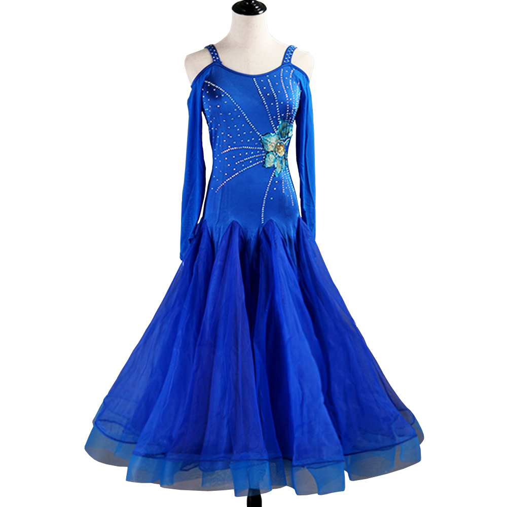 

Ballroom Waltz Dresses Competition Dress Dancing Outfits Ballroom Tango Dance Costumes Customized Size D0451 Rhinestones Big Sheer Hem, Blue