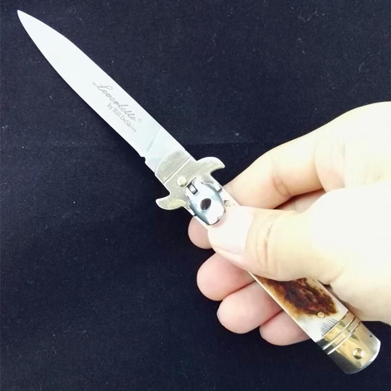 

7.5" Bill DeShivs Leverletto Stag Horn stiletto artwork collection Knife D2 blade antler handle folding knives gift knife for man