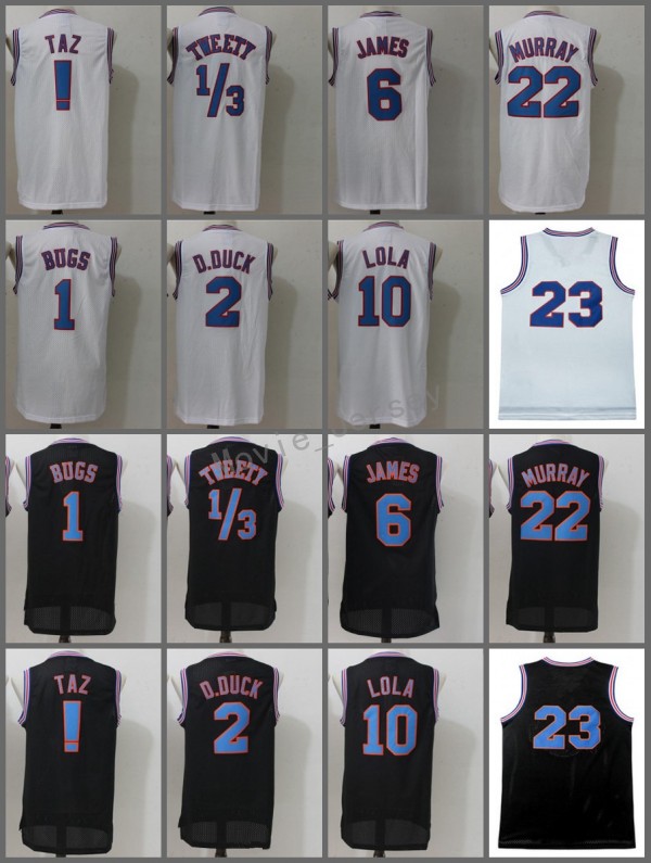 

High Quality Stitched Movie Space Jam Tune Squad Jersey 1/3 Tweety ! Taz 1 Bugs 2 D.duck 10 Lola 22 Murray Embroidery Jersey White Black, As pic