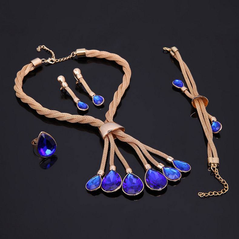 

Luxury Party Jewelry 4-Piece Set Fashion women Water Drop Style Blue Rhinestone 18K Gold Plated Alloy Bridal Wedding Jewelry