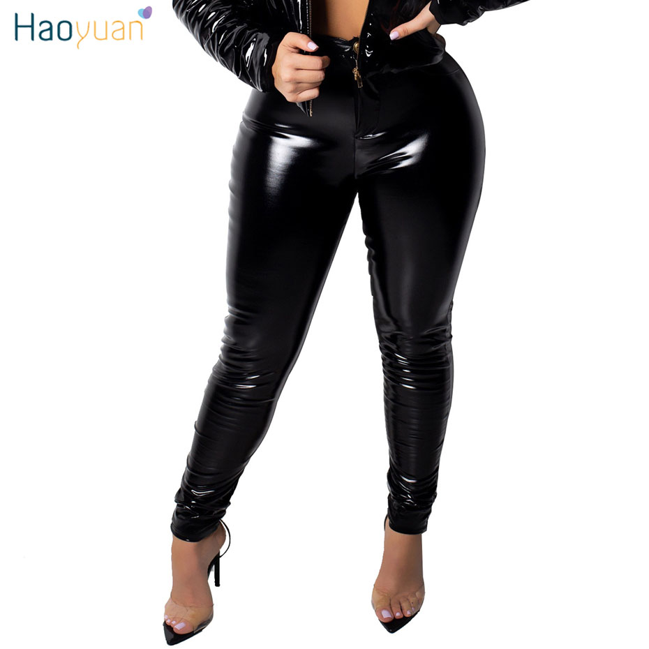 

HAOYUAN Skinny PU Leather Pencil Pants Stretch Ladies Legging Streetwear Winter Women Thick Velvet Warm High Waist Sexy Trousers, Black