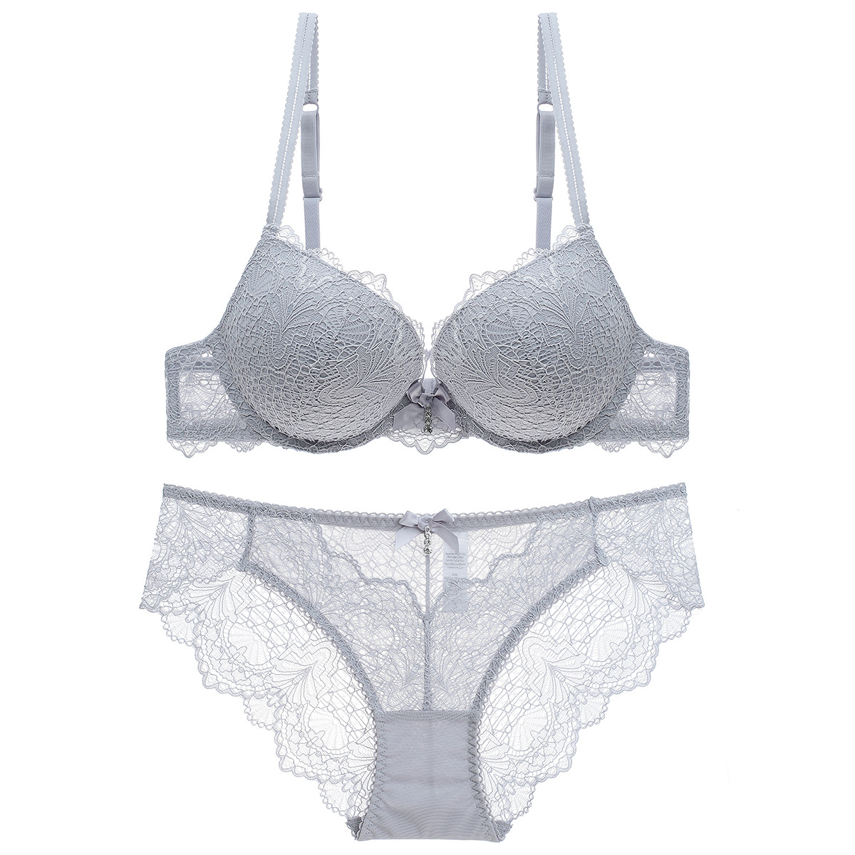 

New Set Beautiful Lace Lingerie Underwire Thin Under Thick Push Up Bra Pink Gray Black Flower Padded Lace Brassiere 2018 Winter Bra set