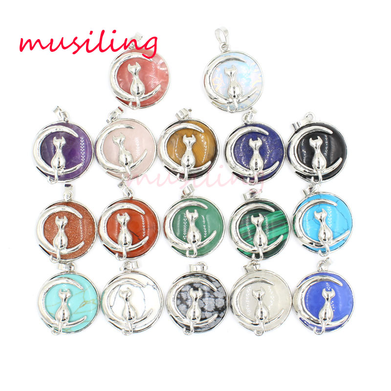 

Moon and Cat Pendants Pendulum Jewelry For Women Natural Stone Crystal Charms European Healing Chakra Wicca Witch Amulet Fashion Jewelry