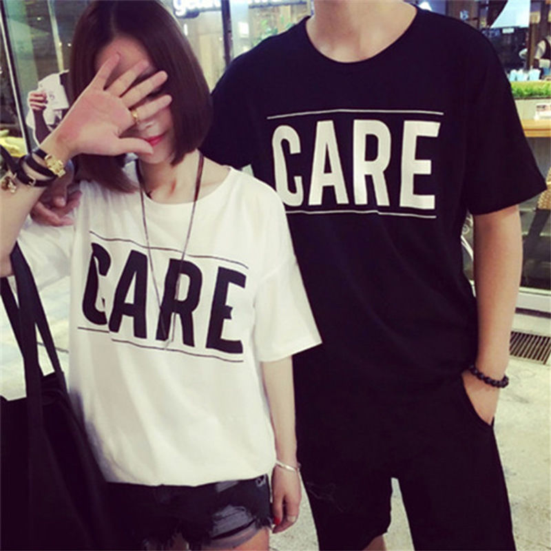 

Summer Women Girlfriend Couples Short Sleeve CARE Letters Loose T Shirt Tops Tee, Black