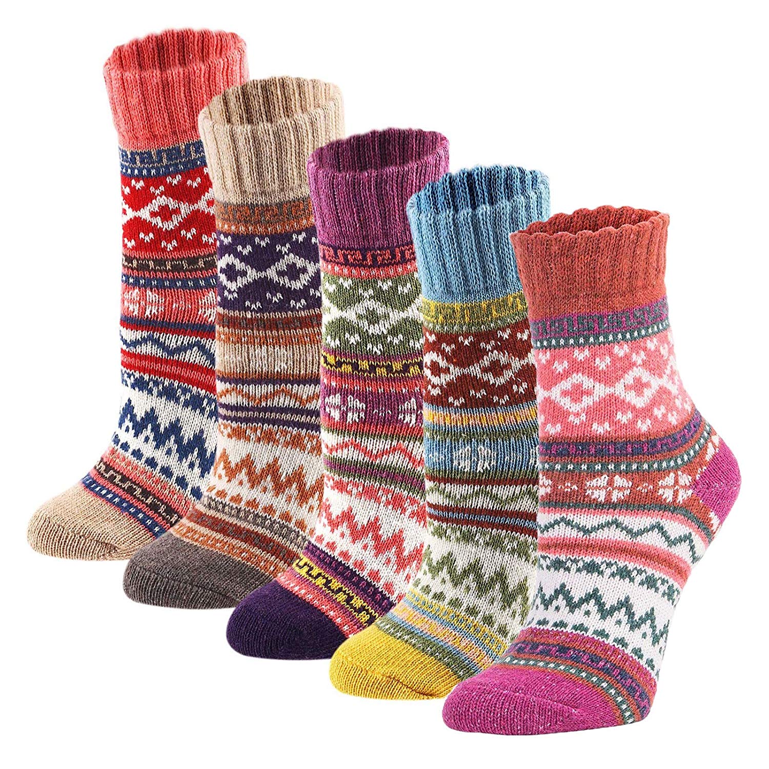5Pack Womens Vintage Winter Soft Warm Thick Cold Knit Wool Crew Socks, Multicolor, free size-image-433443252