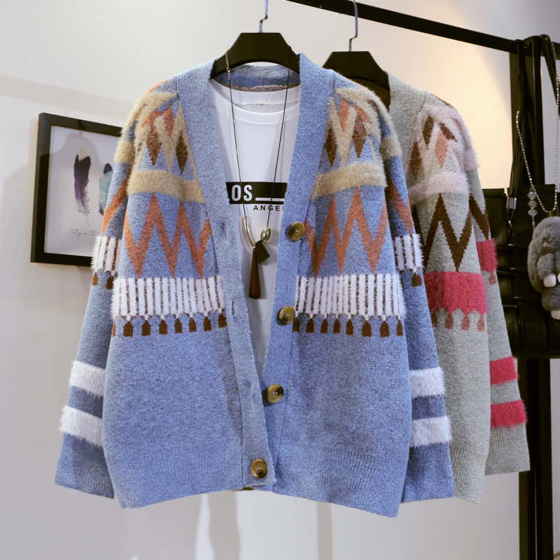 

2018 Autumn Winter New Knitted Cardigan Female Loose Sweater Coat Fashion V Neck Knitwear Jacket Womens Students Knit Outwear, Blue