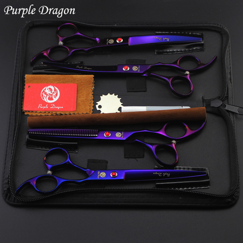 

Purple Dragon 7.0 inch 4pcs/set Professional Pet Dog Hair Grooming Scissors(Straight&Curved&Thinning shears) with Cas, As pic