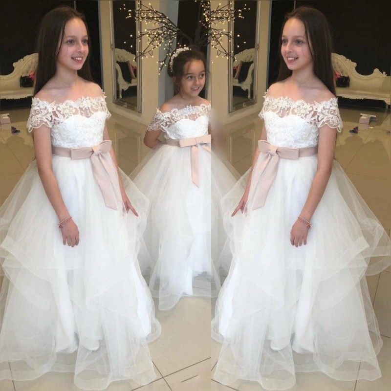 

Lovely Lace Cap Sleeves Flower Girl Dresses For Wedding Tulle Ball Gown Girls Pageant Gowns With Ribbon Sash Cheap Baby Dresses, Gold