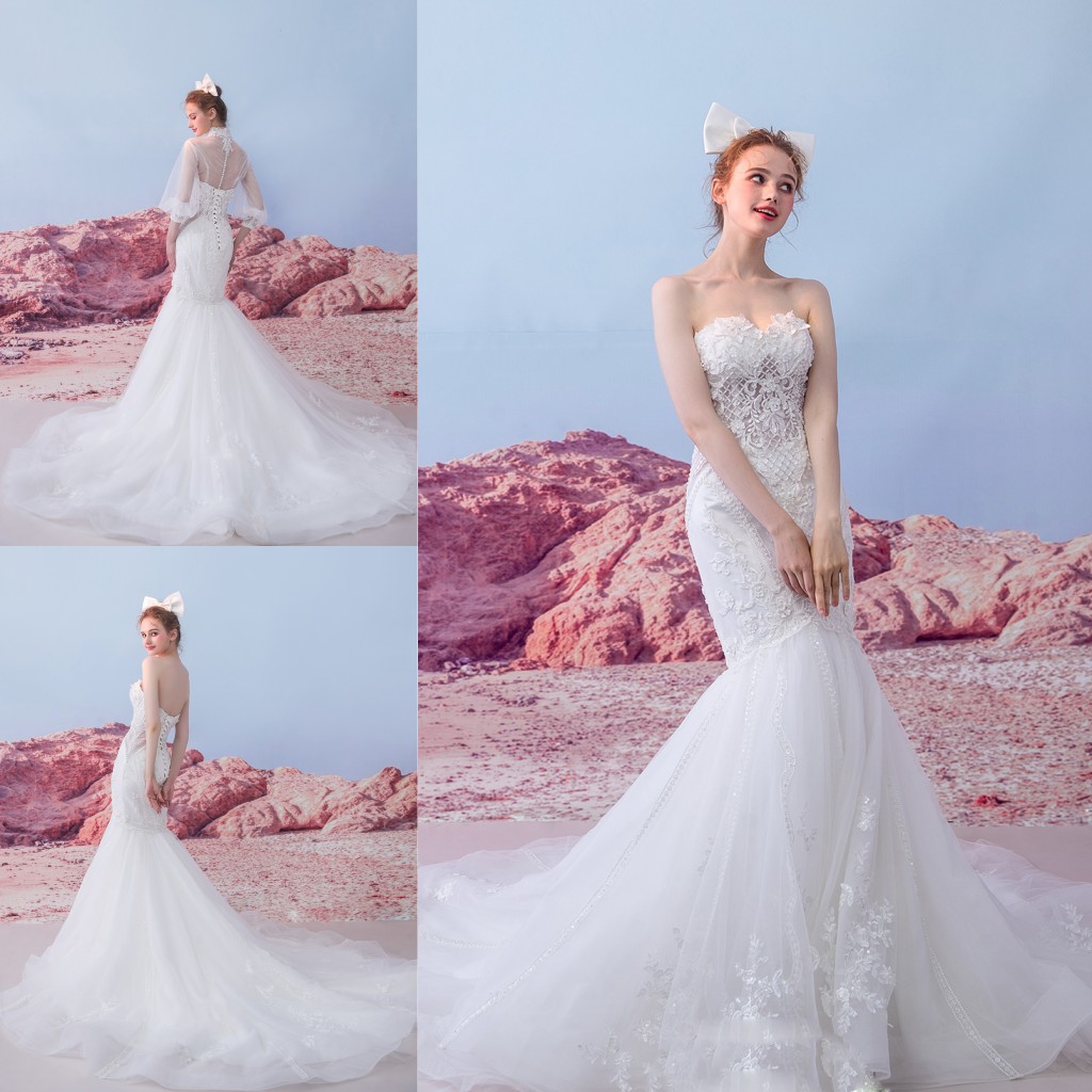 

Sweetheart Two Pieces Mermaid Wedding Dress 2018 3D Floral Lace Applique Sequins Bridal Gowns With High Neck Long Sleeve Jacket, Gold