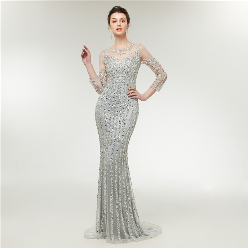 

Sexy Beaded Mermaid Evening Dresses Floor Length Sheer Forma Gowns With 3/4 Sleeves Jewel C004 Prom Dresses Wedding Guest Gowns, Same as image