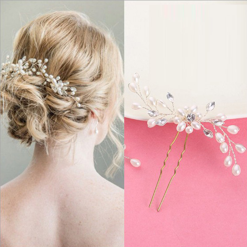 

100pcs New Wedding Clips Romantic Crystal Pearl Flower HairPin Rhinestone Tiara Bridal Crown Hair Pins Bride Hair Jewelry Accessories, Golden;silver