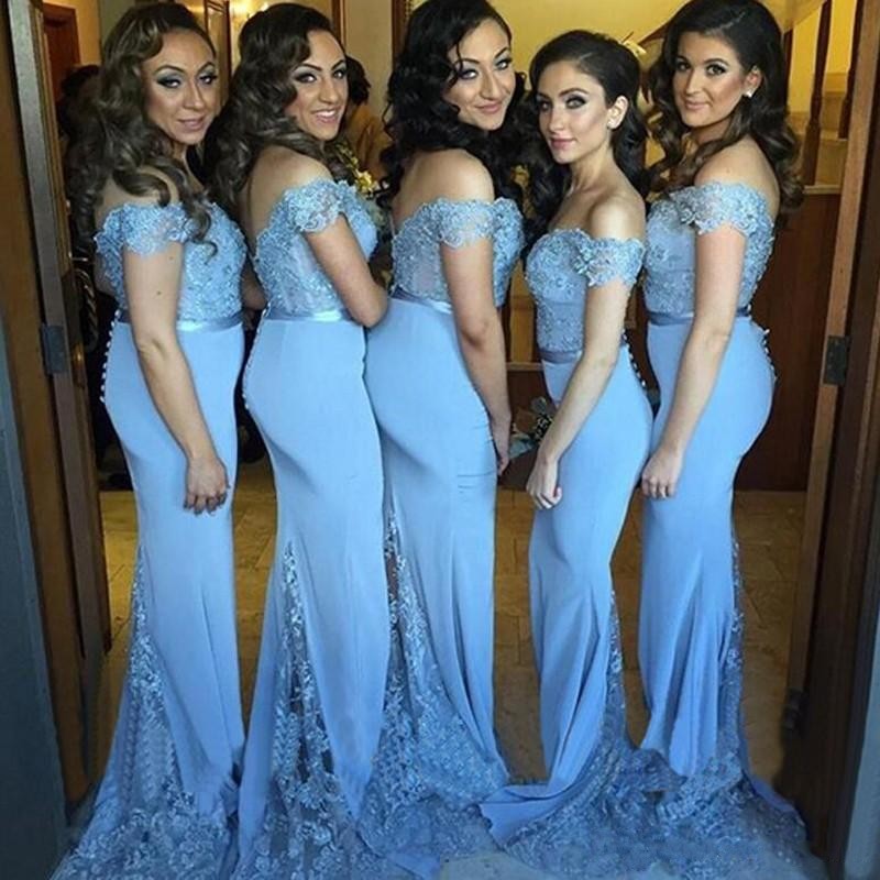 

2018 Light Sky Blue Mermaid Bridesmaid Dresses Off Shoulder Lace Appliques Backless V Neck Sashes Arabic Sweep Train Maid of Honor Gowns