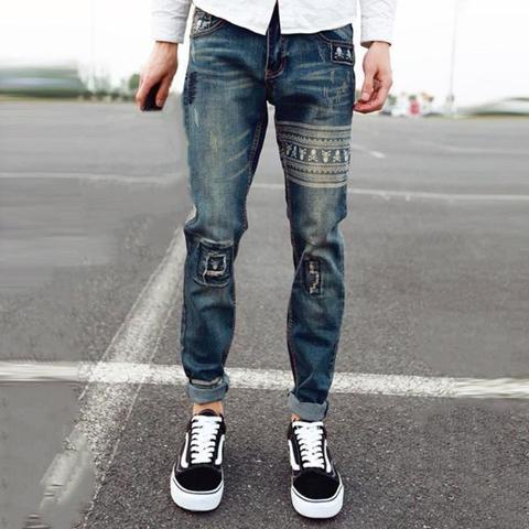 

Fashion Spring Fall Men Denim Pants High Waist Jeans Hole Patch Skull Printed Vintage Trouser Teenagers Casual Trousers, Blue