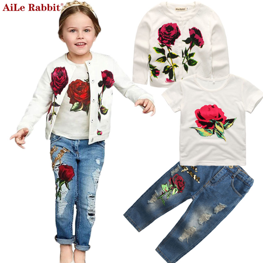 

AiLe 2017 Autumn Newest Girls Clothes Suit Jacket +T shirt + Jeans 3 Pcs Set Fashion Rose Cardigan Tops Sequin Kids Coat, White