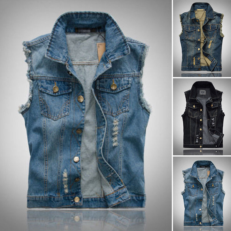 Gilet Vest Denim Jeans Nero Uomo Colletto Smanicato x Bikers Motociclisti Taglia M