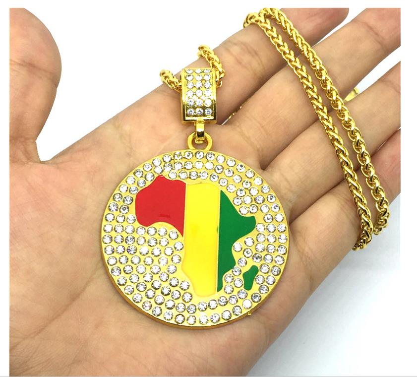 

street dance Gold Jamaican Africa Map Continent African Round Pendant Rope Chain Necklace Hip Hop Jewelry