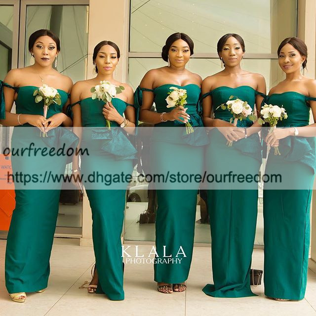 

Emerald Green 2019 Off The Shoulder Bridesmaid Dresses Sheath Peplum Waist Maid Of Honor Wedding Guest Gown Custom Made Hot Sale