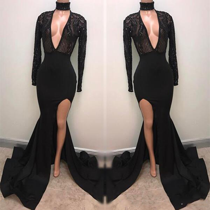 

Fabulous Fashion Black V-Neck Mermaid Prom Dresses Appliques Long Sleeves Plunging Sexy Split Evening Gowns Pageant Celebrity Dress, Red