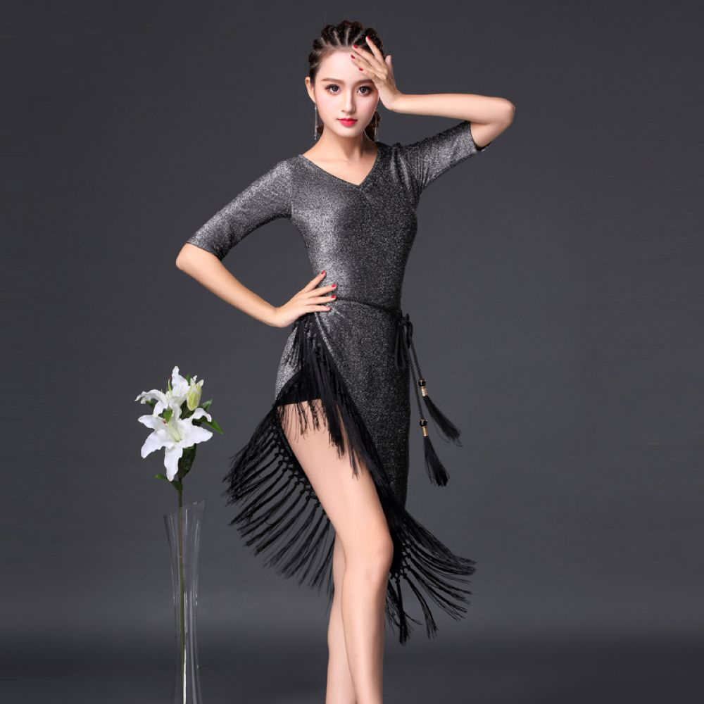 

Latin Dance Dress Costumes Women Salsa Dresses Tango Dance Clothes D366 Silver Irregular Hem with Tassels 1/2 Sleeve