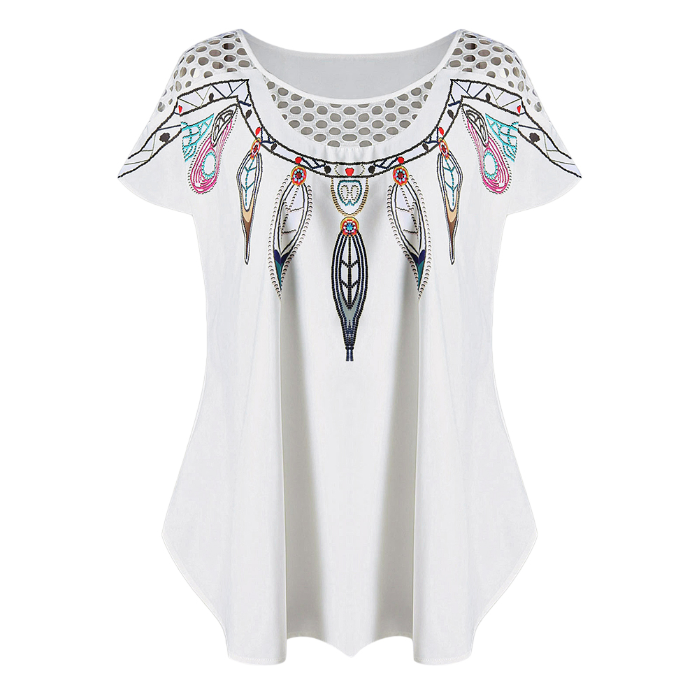 

Wipalo Plus Size Hollow Out Feather Print Top Summer Women Long Oversize Tee Fashion Panel Scoop Neck Short Sleeve T Shirt, White