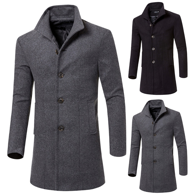 

2018 Men Turn-Down Collar Slim Fit Overcoat New Autumn Winter Woolen Trench Coat Jaqueta Masculina For Man Long Windbreaker Coat, Black