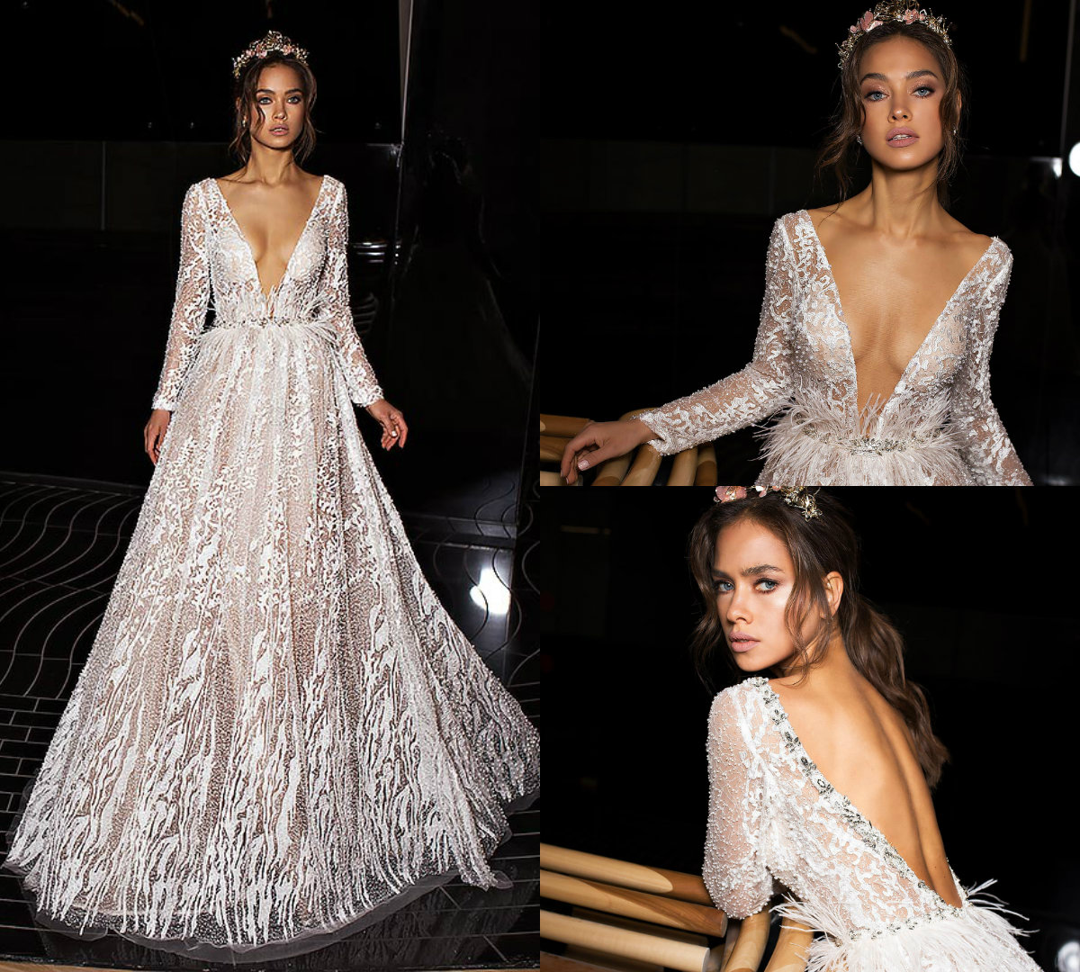 

Dimitrius Dalia Wedding Dress Lace Appliques Sash With Feather Deep V Neck Bridal Gowns A Line Long Sleeve Backless Vestidos De Novia, Same as image